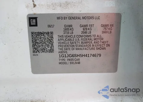 2017 Chevrolet Sonic Lt Auto z USA, uszkodzony, nr VIN 1G1JG6SH5H4174679